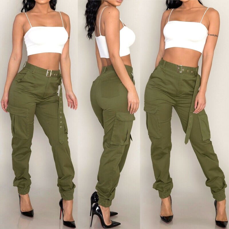 Mojoyce Cool Girl Drawstring Cargo Pants Women Pockets Design Buckle Military Combat Long Pants Casual Trouser Girls Army Trousers