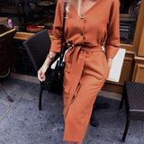 Mojoyce Sexy V-Neck Belt Batwing Sleeve Midi Dress Autumn Solid Color High Waist Night Club Party Dresses For Women 2022