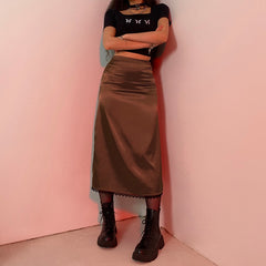 Mojoyce Vintage Y2K Aesthetic High Waist Skirt Lace Patchwork Harajuku Long Skirt Gothic Clothes 90S Straight Woman Skirts