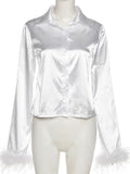 Mojoyce White Satin Shirt Blouse Long Sleeve With Fur Cropped Tops For Women V-Neck Turn-Down Collar T-Shirt Party Clubwear 2023