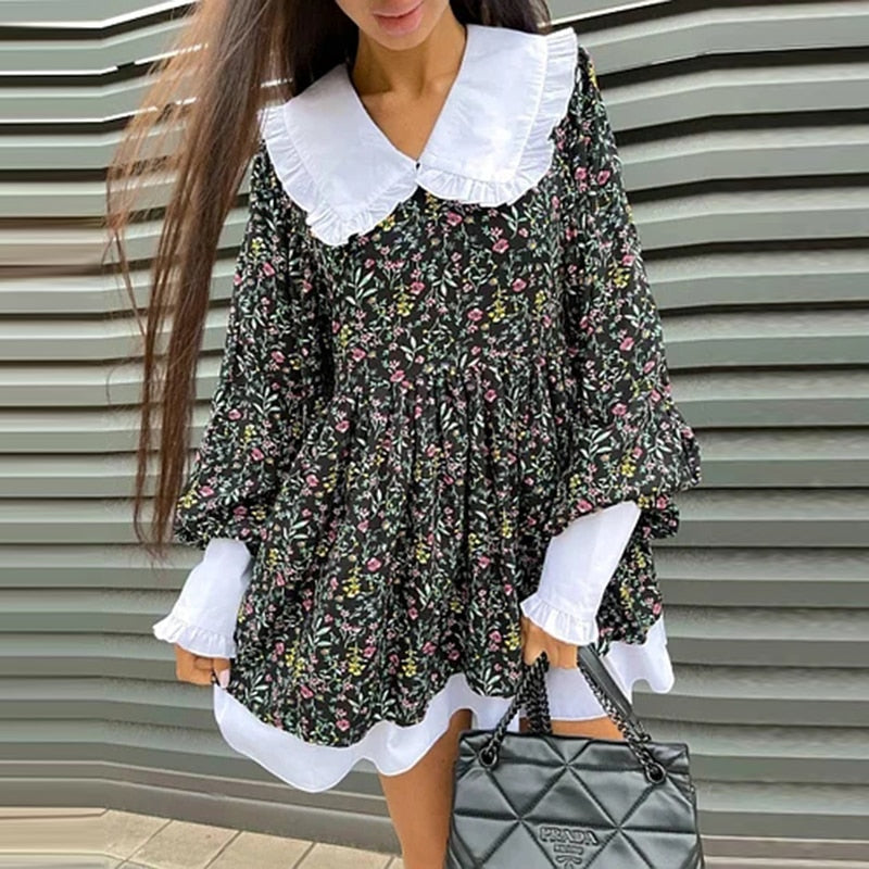 Mojoyce Sweet Peter Pan Collar Flower Printing Dress Autumn Cute Lantern Sleeve Loose Casual Mini Dresses For Women