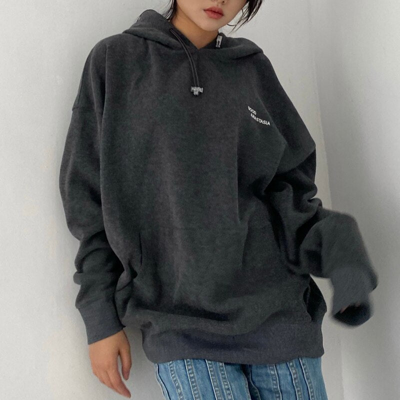 Mojoyce DIRTYLILY Fashion Women Pullover Hoodies Spring Autumn Casual Lose Hoodies Sweatshirts Top Solid Color Embroidery Sweatshirt