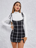 Mojoyce Fashion High Waisted Suspender Dress Women Summer 2022 All-Match Bodycon Plaid Split Mini Dress High Street