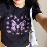 Mojoyce Y2K aesthetic punk E-girls short-sleeved T-shirt 90s streetwear Harajuku butterfly print crop top summer vintage casual Tee slim