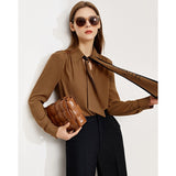 Christmas Gift Mojoyce Women Blouse Office Lady Elegant Vneck Blouse With Ribbon Solid Long Sleeve Autumn Tops Female Blusas