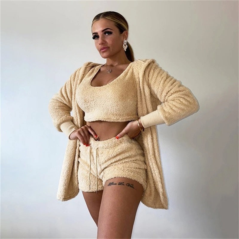 Mojoyce 2022 Autumn Casual Solid Teddy Cardigan Coat Women Faux Fur Furry Hooded Jacket Long Sleeve Overcoat Home Wear PRE