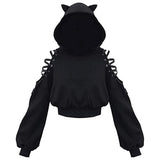 Mojoyce Y2k Women Long Sleeve Hoodies Kawaii Cat Ears Hoodie Gothic Punk Harajuku Style Cold Shouler Drawstring Tops Black Sweatshirts