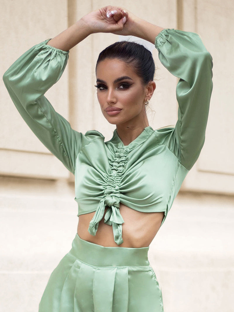 Mojoyce Sexy Light Green Round Neck Middle Drawstring Lantern Sleeve Top Spring LM82199-TOP