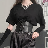 Mojoyce Gothic Dark Lace Up Crop Top Women Corset Belt Slim Cummerbunds PU Leather Top Harness Bustier Tops To Wear Out 2022