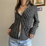 Mojoyce  Dourbesty 90S Vintage Striped Black Tshirts Women Elegant Retro Single Breasted Long Sleeve Cardigans Tee Korean Harajuku Blusas