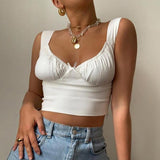 Mojoyce Streetwear V Neck Cotton Bow Tank Top Women Ruched Basic Sexy Crop Top Vest Summer Tops Sleeveless Fashion Clothing
