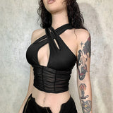 Mojoyce   Fashion Black Sexy Crop Top Women Mesh Ruched Skinny Tank Tops Club Party Vest Cut Out Criss-Cross Transparent Gothic