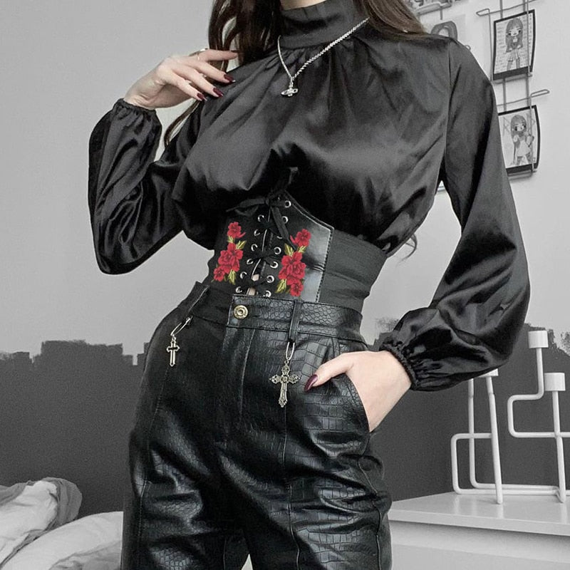 Mojoyce Streetwear Mall Goth Dark PU Leather Top Women Floral Lace Up Corset Top Bandage Cummerbunds Belt Outfits Gothic0824