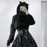 Mojoyce Y2k Women Long Sleeve Hoodies Kawaii Cat Ears Hoodie Gothic Punk Harajuku Style Cold Shouler Drawstring Tops Black Sweatshirts