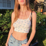 Mojoyce Floral Printed Kintted Spaghetti Strap Top Women White Cute Casual Sleeveless Camis Tops Tees Patchwork Lace Crop Top