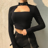 Mojoyce   Streetwear Gothic Choker Halter T Shirt Crop Tops Autumn Cut Out Sexy Long Sleeve Tshirt Women Cotton Top Tee Clothes