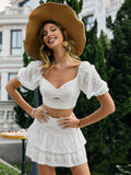 Mojoyce Holiday puff short sleeve square collar women skirt set white Summer a-line ruffle lace up suit Hollow out two piece set