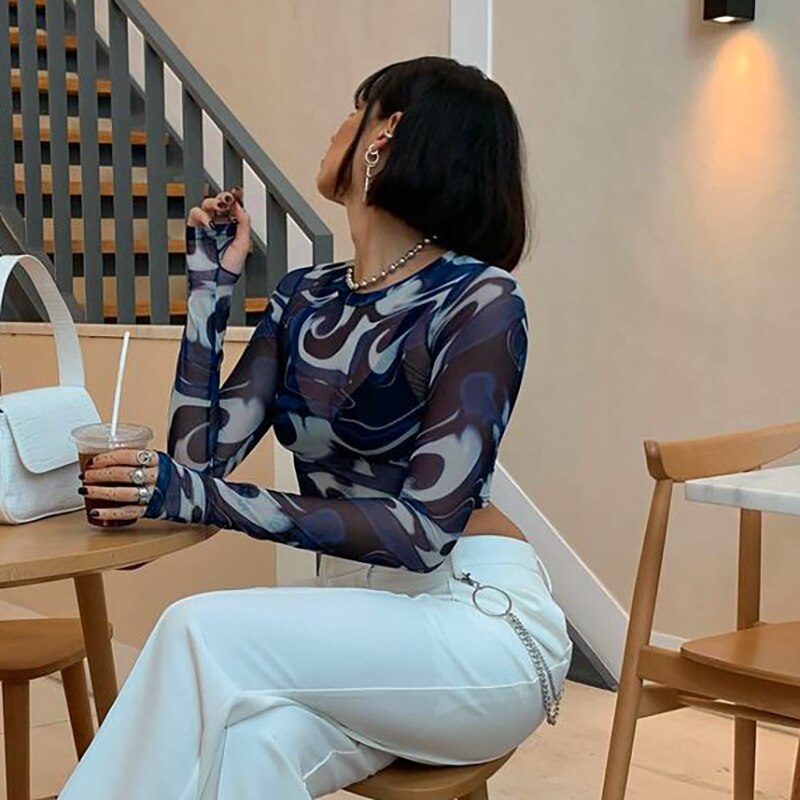 Mojoyce  Dourbesty Fashion Female Crop Tops Mesh Sheer Print Round Neck Long Sleeve T-Shirt Pullovers Sexy Streetwear Y2k Harajuku Tops