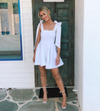 Mojoyce Sweet Square Collar Bow Strap Dress Summer Fashion Sleeveless Bandage Backless A Line Mini White Dresses For Women 2022