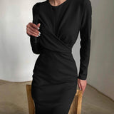 Mojoyce Casual O-Neck Folds Slit Bodycon Dress Autumn Long Sleeve High Waist Elegant Party Midi Dresses For Women