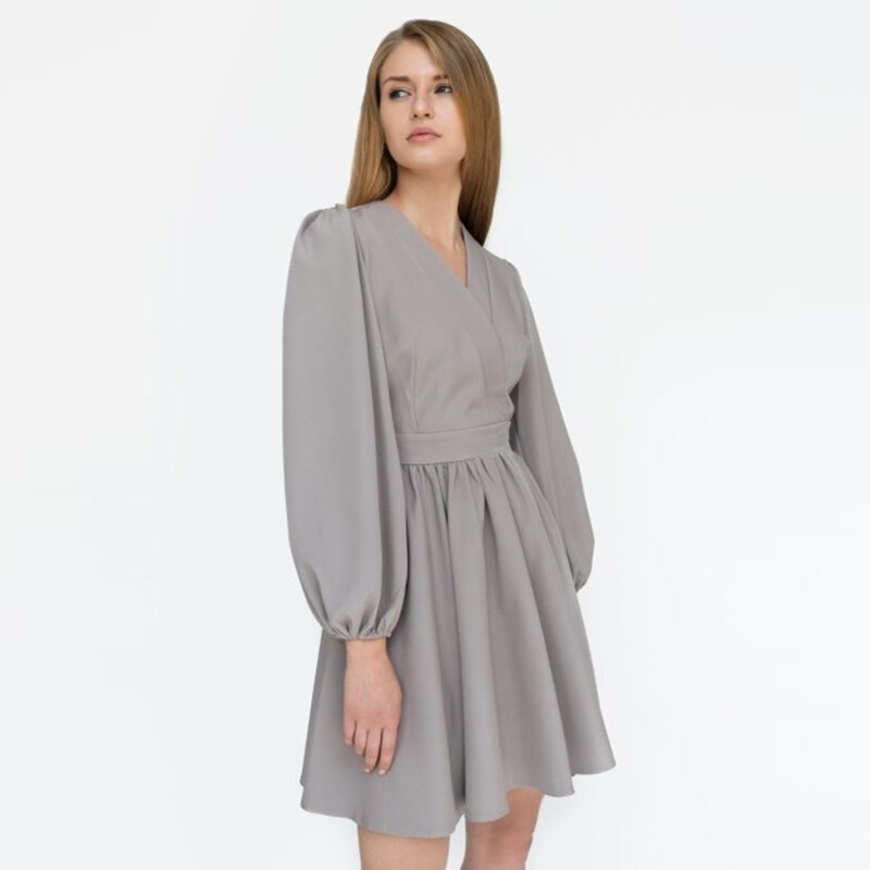 Mojoyce V-Neck Belt Folds Puff Sleeve Casual Dress Autumn Loose Comfort High Waist Office Lady A-Line Dresses For Women