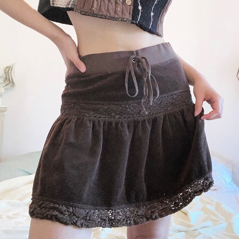 Mojoyce  Dourbesty Y2k Fashion Mini Skirt, Solid Color Lace Trim High Waist Skirt With Drawstring For Women Vintage A-Line Skirts Korean