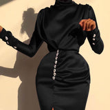 Mojoyce Satin Maxi Party Dresses Split Ladies Elegnt Long Sleeve Turtleneck Bodycon Dresses New Clubwear