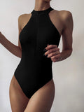 New High Neck Zipper Women Swimwear One Piece Swimsuit Female monokini High cut Trikini Ribbed Bathing Suit Swim Bodysuit