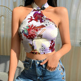 Mojoyce Women Halter Tank Top Dragon Print Chinese Knot Irregular Cheongsam Style Sexy Summer Bustier Crop Top