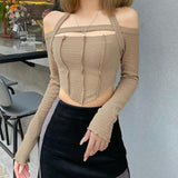 Mojoyce Women’S Casual Long Sleeve Off-The-Shoulder Design T-Shirt Female E-Girl Fashion Solid Color Boat Neck Halter Exposed Navel Tops