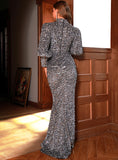 Mojoyce Gray Stand-Up Collar Bubble Long Sleeve Bodycon Sequin Party Maxi Dress LM83078