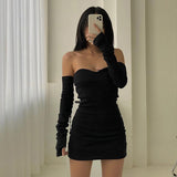 Mojoyce Black Strapless Bodycon Mini Dress Women With Sleeves Party Off Shoulder Short Dresses Ladies Cotton Night Club