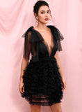 Mojoyce Sexy Black Mesh Deep V-neck Stacked Ruffled Puff Open Back Mini Party Dress LM82389
