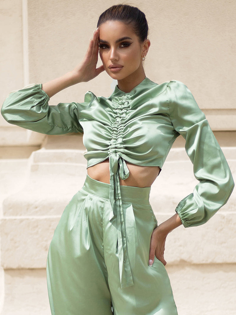 Mojoyce Sexy Light Green Round Neck Middle Drawstring Lantern Sleeve Top Spring LM82199-TOP