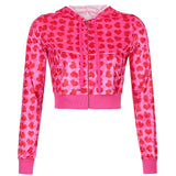 Mojoyce Velvet Heart Print Cropped Top Bomber Jacket Women Autumn Cute Pink Long Sleeve Coats Zipper Winter 90S Overcoat