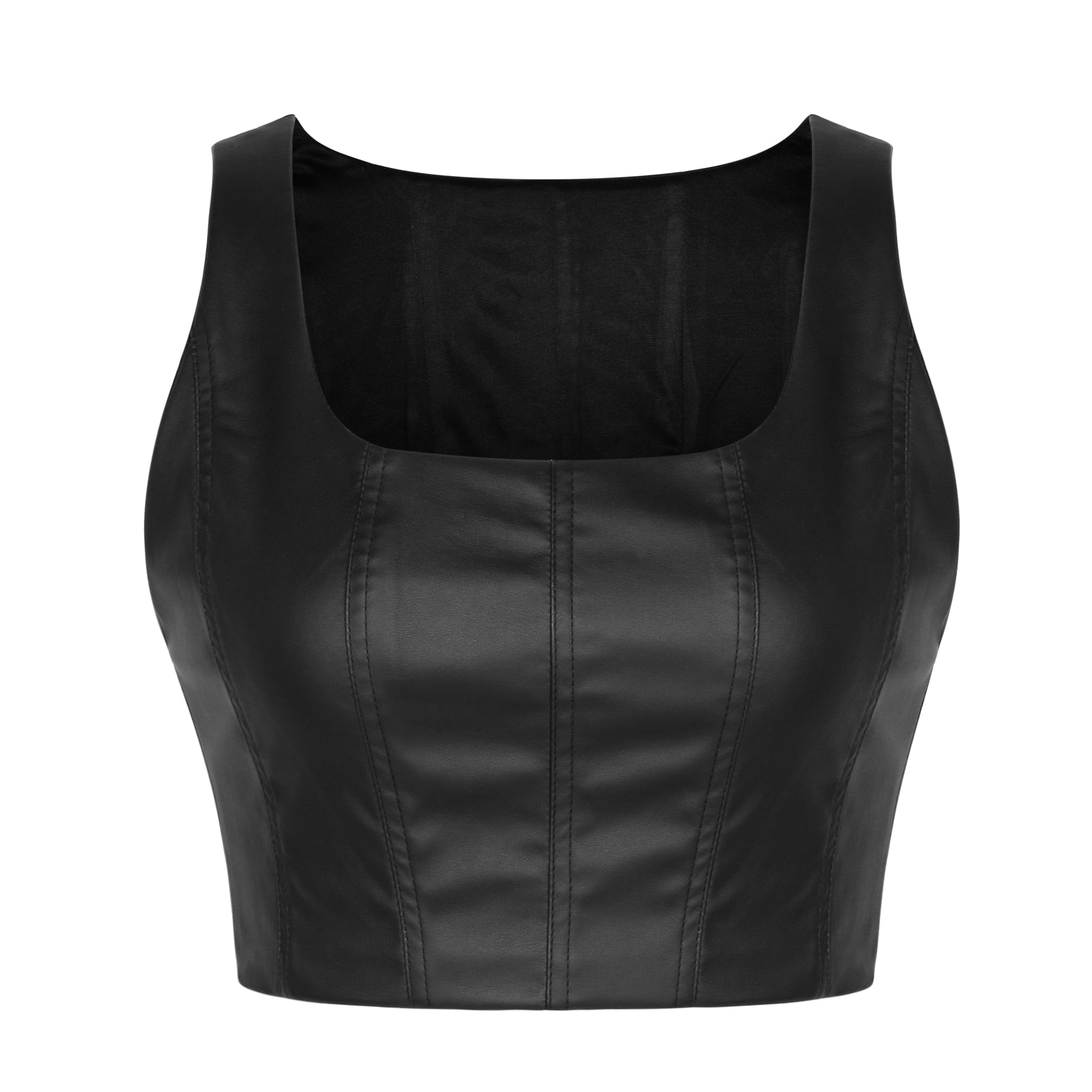 Mojoyce Womens Sexy PU Leather Clothes Square Neck Sleeveless Tank Tops Crop Top Can Match Pleated Short Mini Skirt