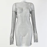 Mojoyce DIRTYLILY New Crystal Diamond Bodycon Dress Women Hollow Out Long Sleeve Mini Dress Summer  See Through Party Dress