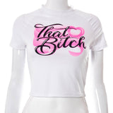 Mojoyce Harajuku Goth Short Sleeve T-shirts Y2K Fashion Letter Print Cute Baby Tees 2000s Streetwear Summer E-girl White Crop Tops Slim