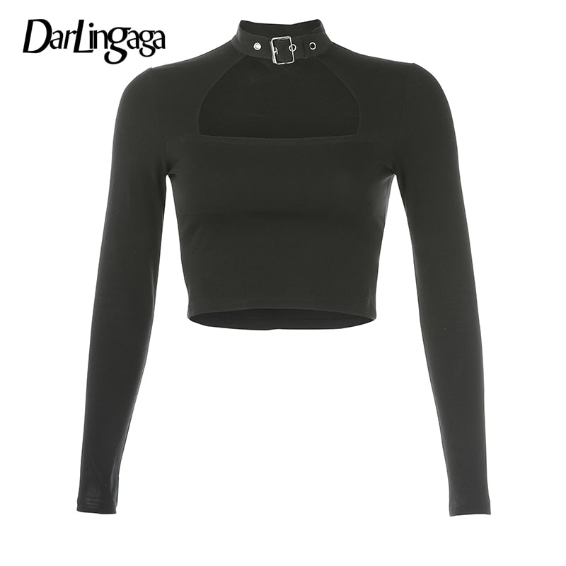 Mojoyce Darlingaga Streetwear Gothic Choker Halter T Shirt Crop Tops Autumn Cut Out Sexy Long Sleeve Tshirt Women Cotton Top Tee Clothes