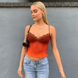 Mojoyce Vintage Lace Y2k Tops Women See-Through V Neck Aesthetic Crop Tops Bodycon Sleeveless Club Soft Mesh Shirts