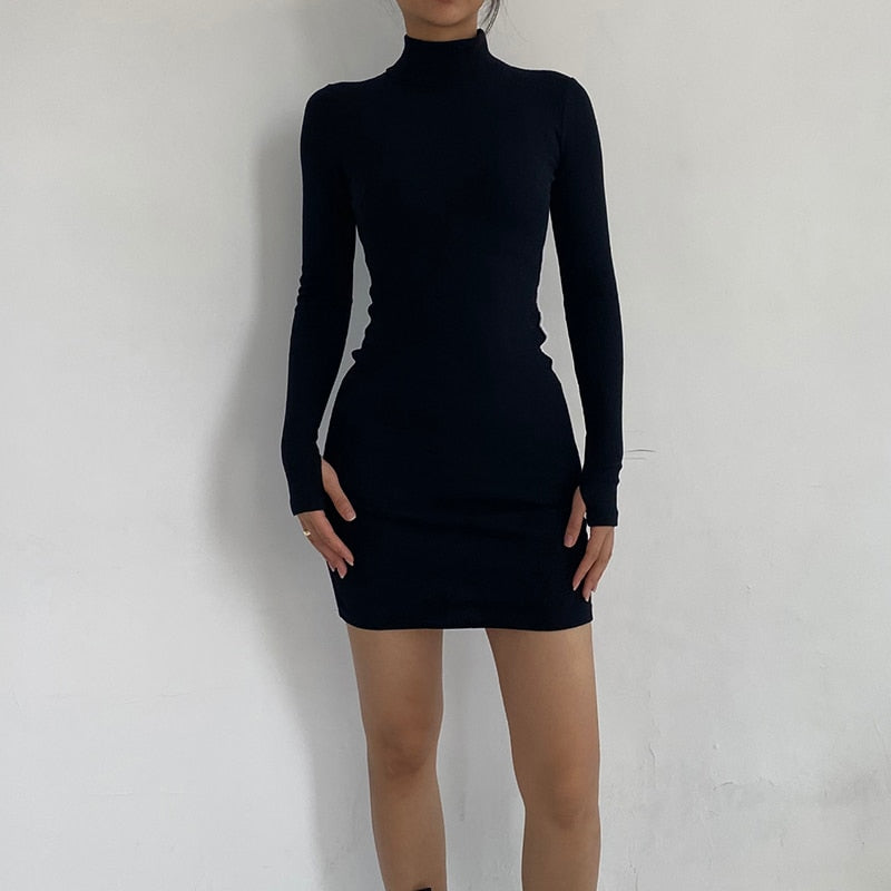 Mojoyce Autumn Fashion Solid Turtleneck Skinny Mini Dress Women Rib Knit Keep Warm Long Sleeve Slim Dress Streetwear