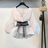 Mojoyce New 2023 Spring Summer 2 Pcs Suits Women's Striped Bow Lantern Sleeve Blouse + Black Split Flare Sleeve Pants Set S-3XL