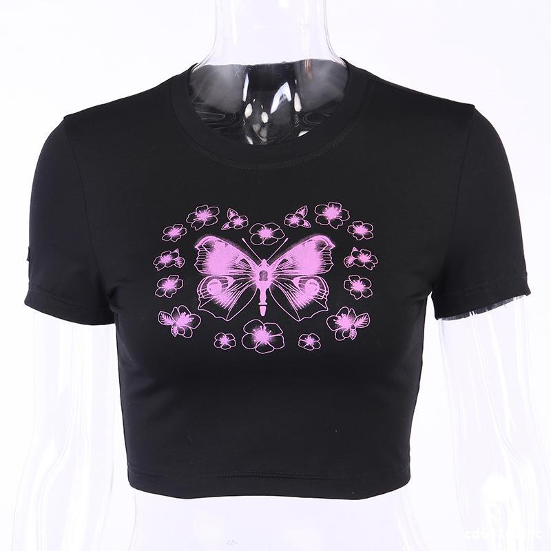Mojoyce Y2K aesthetic punk E-girls short-sleeved T-shirt 90s streetwear Harajuku butterfly print crop top summer vintage casual Tee slim