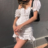 Mojoyce Fashion Square Neck Lace Up White Dress Women Drawstring Ruched Vintage Summer Dresses Mini Ruffles Elegant Jacquard