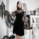 Mojoyce Women Sexy Gothic Style Cold Shoulder High Turtleneck Flare Long Lace See-Through Sleeve A-Line Midi Velvet Dress