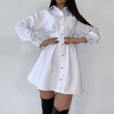 Mojoyce Sexy Turn Down Collar Backless Shirt Dress Autumn Lantern Sleeve Single-Breasted A-Line Party Dresses For Women