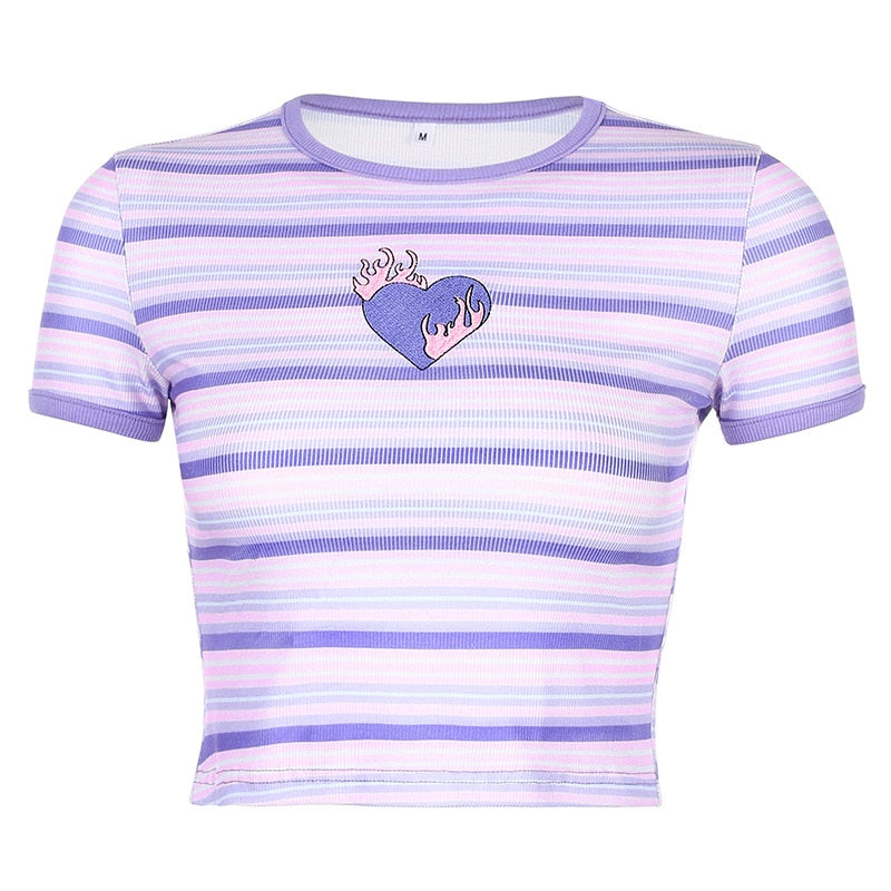 Mojoyce Rainbow Pink Strips Cute Summer Butterfly Print Slim Crop Top Pink Contrast Striped Short Sleeve Women T-Shirt Streetwear
