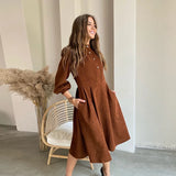 Mojoyce Casual O-Neck Button Folds Midi Dress Autumn Lantern Sleeve Corduroy Loose Office Lady A-Line Dresses For Women