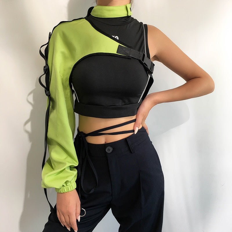 Mojoyce   Streetwear Neon Halter Sweatshirt Hoodie Buckle Reflective Smock One Shoulder Women's Sweatshirts Holographic Outwear