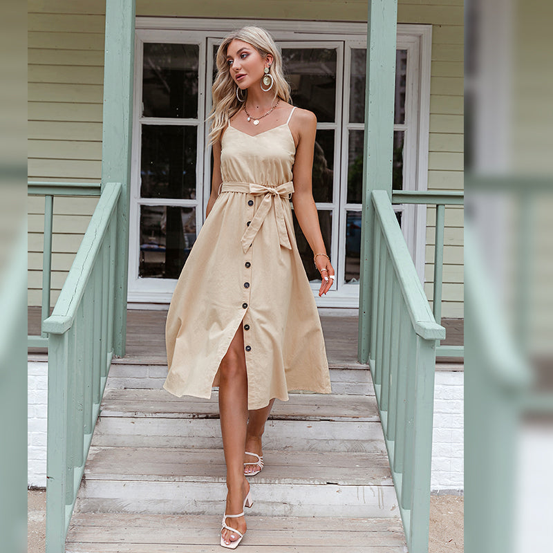 Mojoyce Casual Polka Dot Dress Sleeveless Holiday style high waist buttoned women's Dress Fashion Mid-length summer dresses NEW